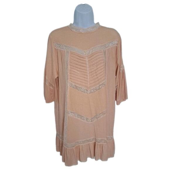 POL Lace Detail Top Tunic Sz S Oversized Jersey Ribbed Peach Boho Cottagecare - Picture 1 of 10